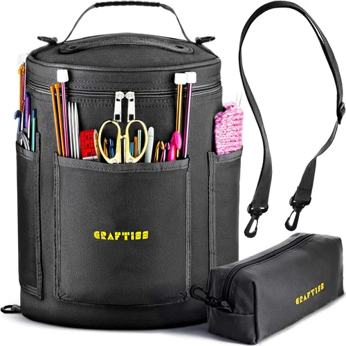 CRAFTISS Organizador de bolsas de ganchillo y bolsa de almacenamiento de hilo, bolsa de punto y soporte de hilo con divisor extraíble, sostiene Negro
