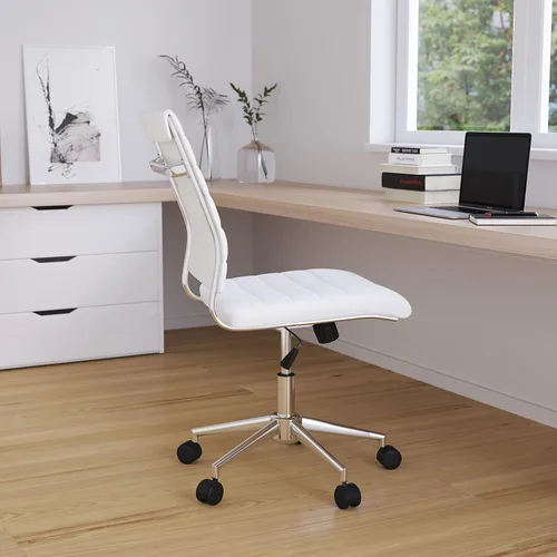 Merrick Lane Corrina - Silla de oficina giratoria ergonómica blanca con respaldo y asiento de piel sintética acanalada, respaldo medio, silla de