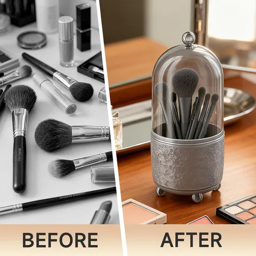 Miniatura 3 de Soporte para brochas de maquillaje con tapa, organizador de herramientas cosméticas con tapa, apertura deslizante giratoria de 360°, contenedor