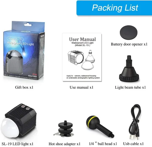 Miniatura 9 de Luz de video de buceo impermeable de 195 pies/196.9 ft, blanco, rojo, azul, mini cubo, luces LED para cámara con cabeza de bola, adaptador de zapata