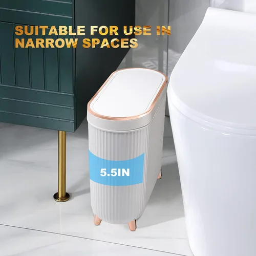 Miniatura 6 de Supteron Basurero de baño con tapa de 3.2 galones, pequeño cubo de basura de plástico rectangular de 12 litros con tapa tipo prensa para dormitorio