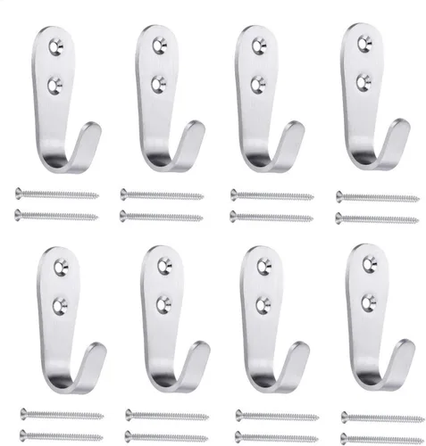 Ganchos de pared resistentes, paquete de 8 ganchos individuales de acero inoxidable cepillado, ganchos pequeños en J para colgar ropa, chaquetas,