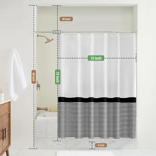Miniatura 6 de Seasonwood Cortina de regadera en blanco y negro a rayas con borlas para decoración de baño, cortina pesada de 72 pulgadas, 72 x 72