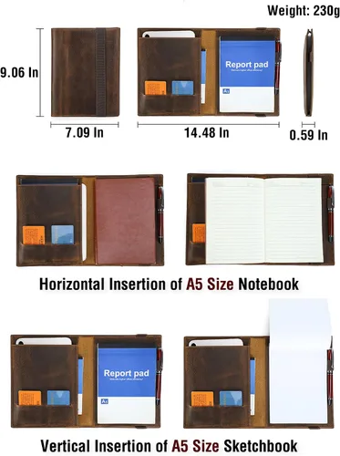 Miniatura 5 de Top Grain Leather - Padfolio de 8.3 pulgadas para hombres y mujeres, diseño vintage hecho a mano, organizador multifuncional de cartera de negocios