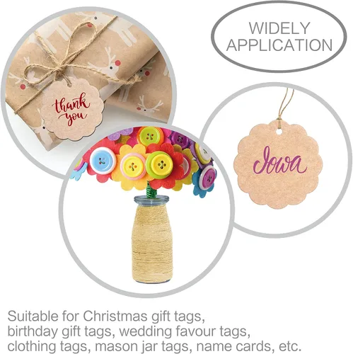 Miniatura 5 de 200 etiquetas de regalo de papel estraza festoneado con cuerda de yute natural de 100 pies para embalaje de manualidades, la etiqueta mide 2.4