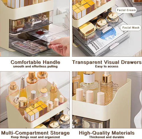 Miniatura 7 de DASITON Organizador de maquillaje con 2 cajones, organizador de cosméticos de maquillaje de gran capacidad para tocador, tocador de baño