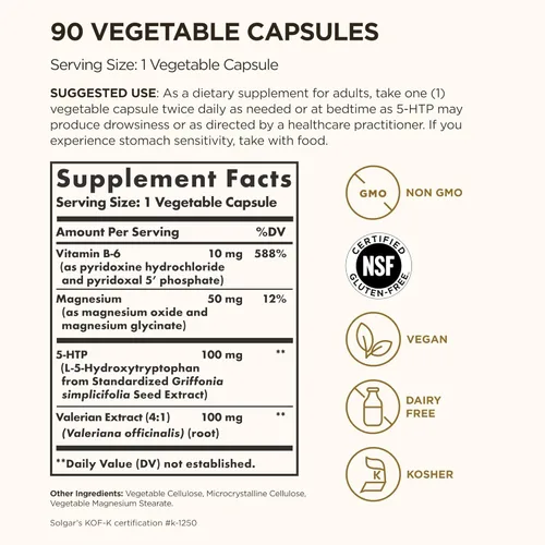 Miniatura 2 de Solgar 5-HTP 100 mg, 90 cápsulas vegetales - Promueve la relajación - Apoyo positivo al estado de ánimo y estrés - Sin OMG, vegano, sin gluten, sin