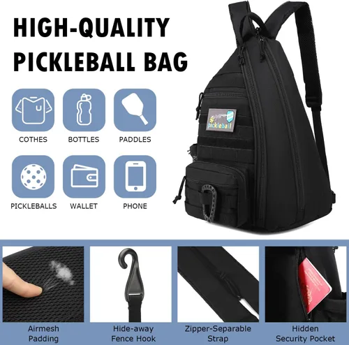 Miniatura 5 de Bandolera de Pickleball SunForMorning, Mochila Táctica de Pickleball para Mujeres y Hombres, Bolsa de Hombro Ajustable con Gancho para Valla y Negro