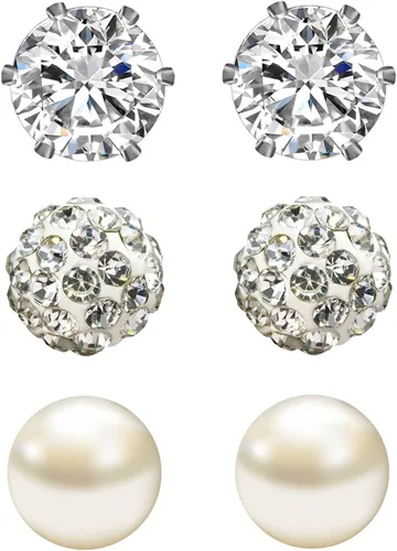Miniatura 53 de JewelrieShop - Juego de aretes de tuerca de acero inoxidable con circonitas cúbicas y perlas de imitación, 3 pares de 0.236 in