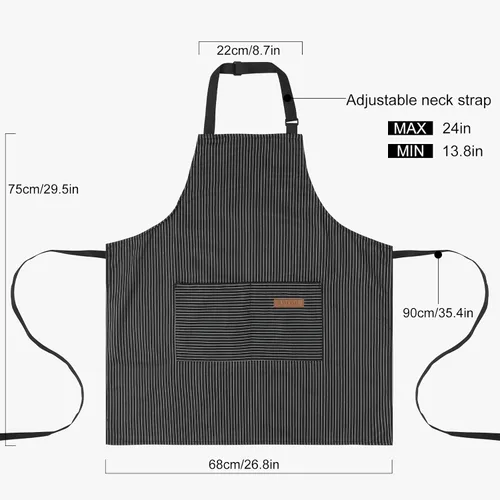 Miniatura 2 de DILLMAN Delantales de Cocina Ajustables - Delantal de Babero para Hombres y Mujeres, Suave, de Chef, con Rayas y 2 Bolsillos Tiras Negras Estrechas