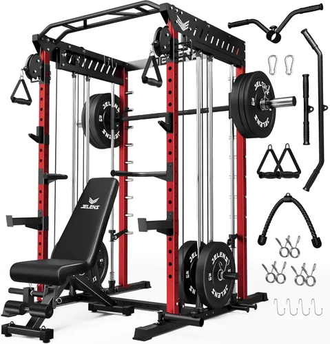 Miniatura 29 de JELENS M21 - Máquina Smith, jaula de potencia multifunción con sistema de cruce de cable de polea doble, banco de sentadillas todo en uno de 907 kg