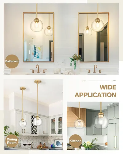 Miniatura 6 de Emak Luces colgantes modernas de globo de 7 pulgadas, lámparas colgantes industriales doradas, luces colgantes de 1 luz con pantalla de vidrio Oro