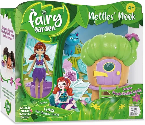 My Fairy Garden Nettles' Nook Mini Terrarium - Pequeño jardín con hada de sombra y muñeca de gato - Cultiva tu propio mini kit de jardín - Juego