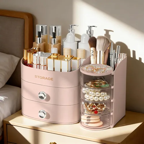 Miniatura 7 de XIAPIA Organizador de maquillaje para encimera, organizador de maquillaje para tocador, cuidado de la piel y organizadores de cosméticos con Rosa