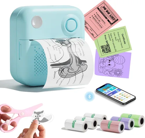 Impresora de adhesivos con 7 rollos de papel, mini impresora de etiquetas portátil con Bluetooth, impresora térmica para fotos, DIY, manualidades,