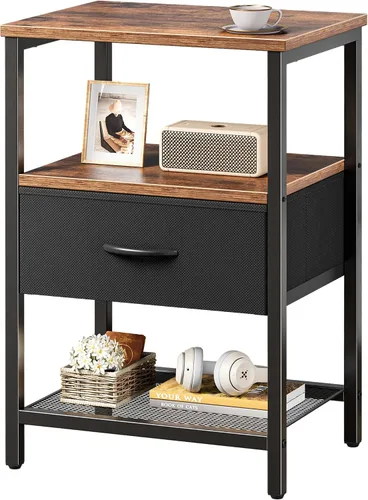 Miniatura 19 de Huuger Mesita de noche con cajón de tela, mesa auxiliar con estante de malla, mesita de noche para dormitorio, cómoda de cajones de tela, estante