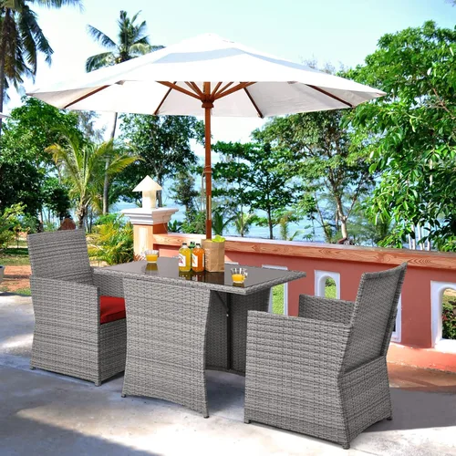 Miniatura 3 de HAPPYGRILL Juego de muebles de patio de 3 piezas, juego de mimbre de ratán PE para exteriores, con cojines lavables y mesa de vidrio templado