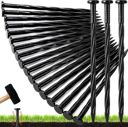 Jetec 150 clavos de plástico negro de 8 pulgadas para bordes de paisaje, anclaje en espiral, clavos de jardín para adoquines, barreras de malezas,