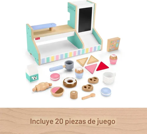 Miniatura 5 de Fisher-Price Wood Pretend Play Coffee Shop & Toy Register, juego de comida de madera de 20 piezas para niños preescolares a partir de 3 años