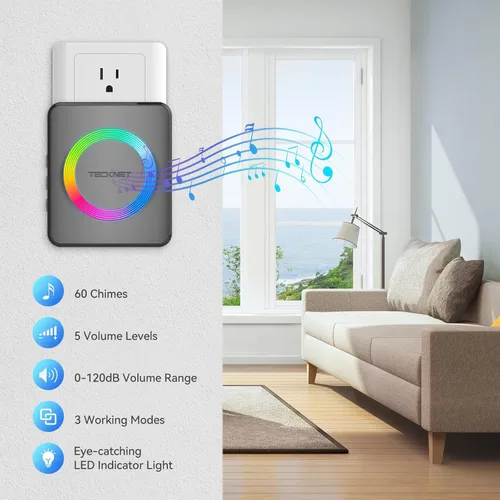Miniatura 2 de TECKNET - Timbre de puerta inalámbrico con 2 botones y 1 receptor, timbres impermeables IP65 para el hogar, rango de operación de 1300 pies, 60