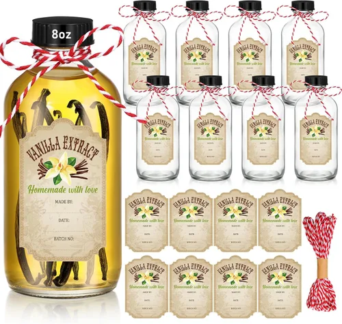 Miniatura 7 de Uiifan 8 botellas de extracto de vainilla de 4 onzas Boston redondas con tapas, botella de vidrio y 8 etiquetas de extracto de vainilla para regalo