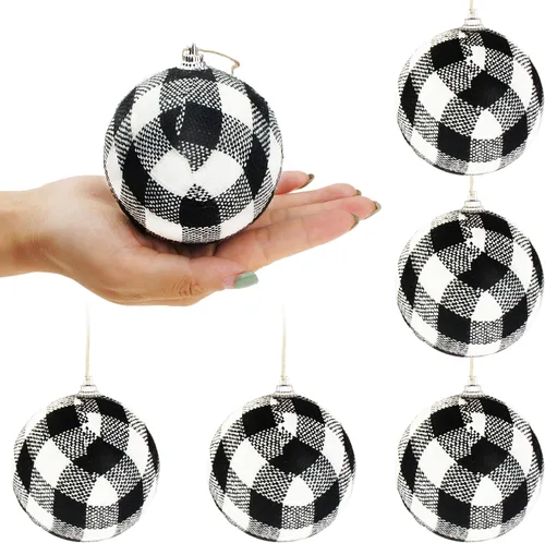 Juego de 6 adornos colgantes de bolas de tela a cuadros de búfalo de gran tamaño para árbol de Navidad, decoración de San Valentín, fiesta, 3-1/4