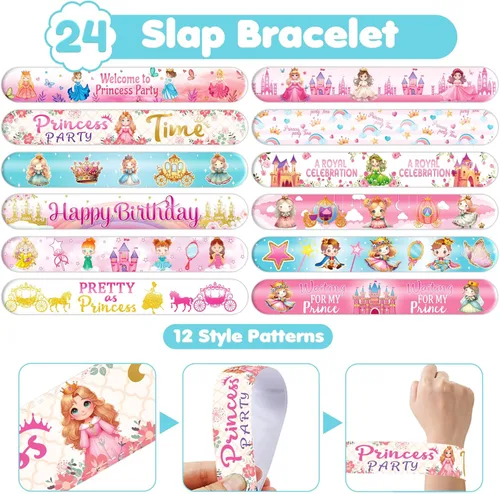 Miniatura 7 de Cherisnowy Juego de 72 piezas de fiesta de princesita – 48 tatuajes temporales y 24 pulseras de bofetada – Bonitos suministros de cumpleaños