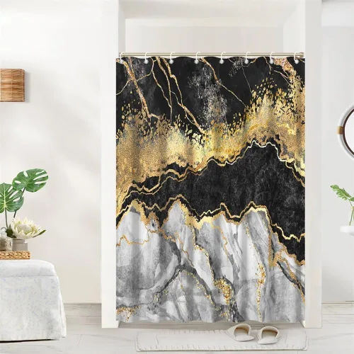Miniatura 52 de Cortina de ducha pequeña de mármol negro y blanco, cortina de ducha con purpurina dorada, textura estética abstracta con pintura de gouache, cortina