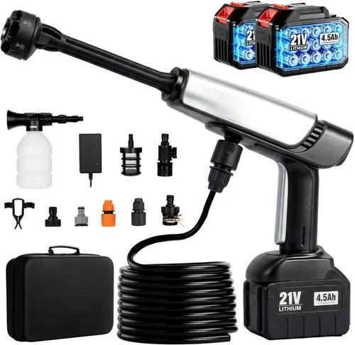 Miniatura 8 de Lavadora a presión inalámbrica alimentada por batería, lavadora eléctrica portátil con 2 baterías de 4.5 Ah 21 V y cargador y boquilla 6 en 1, 2