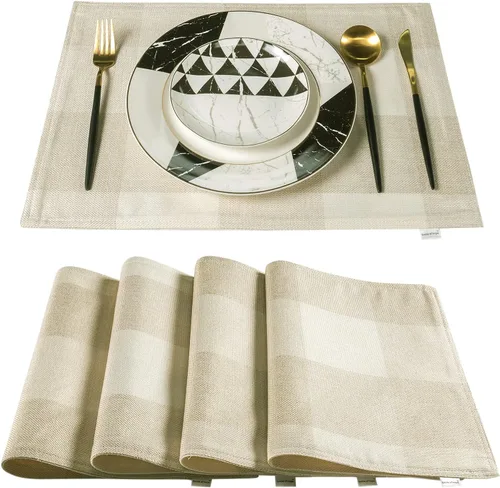Juego de 4 manteles individuales beige, manteles individuales de lino de doble capa, manteles individuales de primavera a cuadros de cocina,