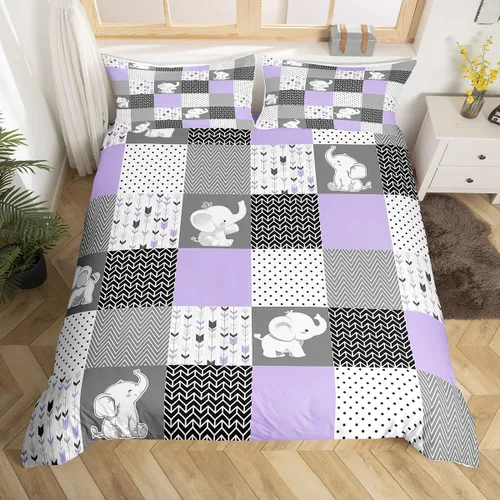Miniatura 11 de Homewish Juego de ropa de cama de elefante, tamaño Queen, funda de edredón a rayas azules para niños y niñas, juego de funda de edredón de animales