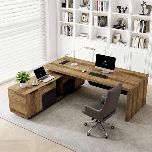 Miniatura 11 de SAINTCY Escritorio ejecutivo en forma de L, escritorio de oficina retráctil con cajones, grandes escritorios de madera para jefes, propietarios