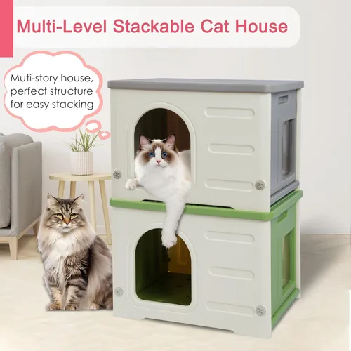 Miniatura 6 de Casa de plástico para gatos para interiores y exteriores, casa impermeable para gatos con puerta de escape para gatos salvajes exteriores, refugio