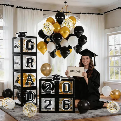 Miniatura 6 de Decoraciones de graduación 2026, juego de 4 cajas con 129 globos arco guirnalda kit suministros de fiesta para cualquier grado negro