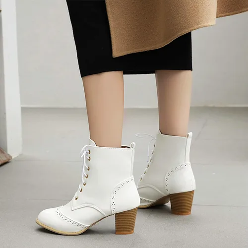 Miniatura 7 de Betastella Botas de tobillo con cordones para mujer, tacón grueso, con cierre lateral, botas cortas de vestir con cremallera lateral
