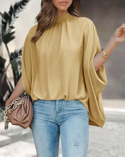 Miniatura 103 de BTFBM Blusas de verano para mujer, cuello alto falso, manga murciélago, holgadas, dobladillo alto y bajo, blusas informales de gran