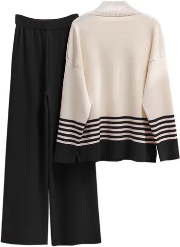Miniatura 2 de Conjunto de 2 piezas para mujer, de punto, de manga larga, a rayas, sin botones y pantalones de pierna ancha