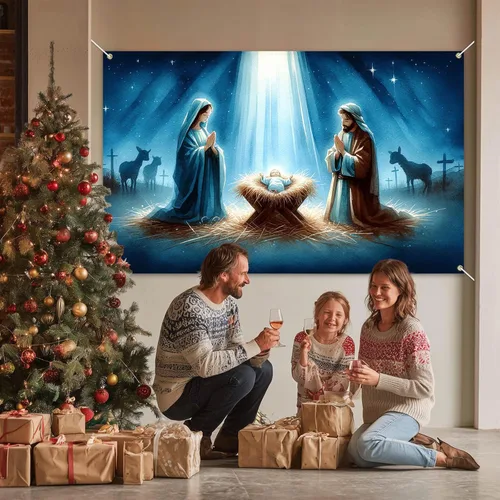Miniatura 6 de BlissYard Fondo de Escena de la Natividad 71x43 Pulgadas Pancarta de la Escena del Pesebre de la Noche Santa Telón de Fondo Religioso Cristiano