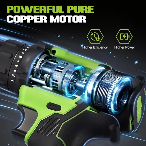 Miniatura 3 de WORKBLESS Juego de Taladro Eléctrico de 21V, Taladro Inalámbrico con Batería y Cargador, Portabrocas sin Llave de 3/8'', Velocidad Variable