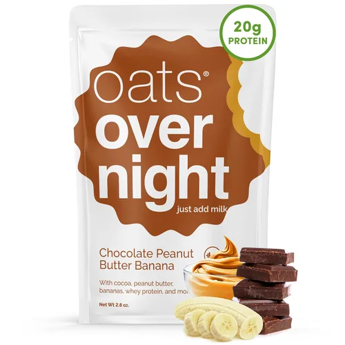Oats Overnight - Chocolate con mantequilla de maní y plátano - 0.71 oz de proteína, batido de desayuno alto en fibra - Sin gluten, avena sin OMG