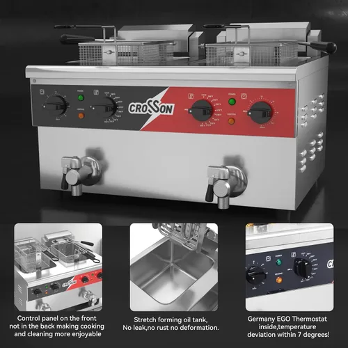 Miniatura 3 de CROSSON Freidora eléctrica de mostrador de doble tanque de 16L con "Swing-up and Hold", válvula de drenaje, tanque de aceite de formación por