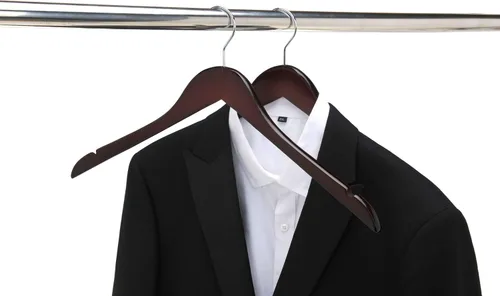 Miniatura 5 de Perchas de madera semicurvadas de calidad, paquete de 10 perchas de madera maciza con acabado liso con gancho giratorio, chaqueta, pantalón, perchas