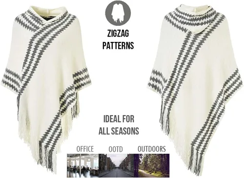 Miniatura 3 de Ferand Suéter poncho de punto con capucha y rayas en zigzag para mujer con flecos