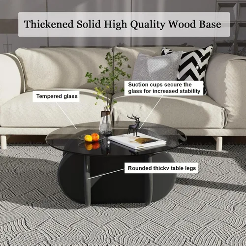 Miniatura 3 de Mesa de Centro con Tapa de Vidrio Negro, Mesa de Centro Redonda Moderna y Elegante con Patas de Madera Maciza y Superficie de Vidrio Templado