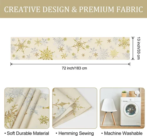 Miniatura 6 de Bonhause Camino de mesa con copos de nieve de invierno 13x72 pulgadas plateado y dorado, decoración de Navidad, invierno, vacaciones, cocina