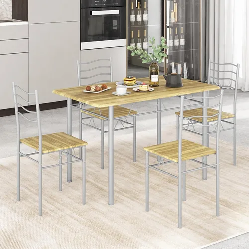 Miniatura 6 de COSTWAY Juego de 4 sillas de mesa de cocina, 5 piezas rectangulares de metal con almohadilla antideslizante, diseño que ahorra espacio, juego Nogal