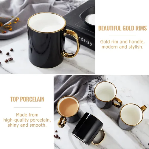 Miniatura 3 de DUJUST Juego de 4 tazas de café negras (16 onzas), diseño moderno y elegante con adornos dorados hechos a mano, juego de tazas negras y doradas