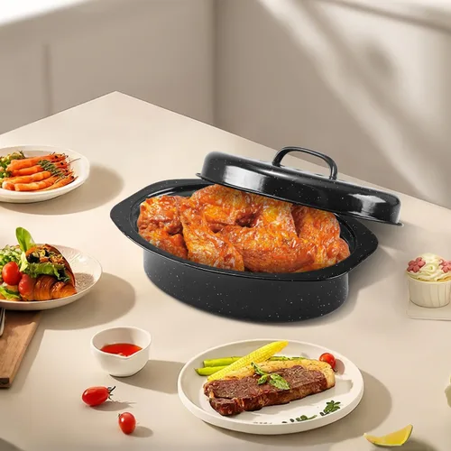 Miniatura 2 de DIMESHY - Sartén para asar de 13 pulgadas, esmaltada en acero, sartén ovalada cubierta en negro con tapa, pequeña olla para pavo, pollo pequeño