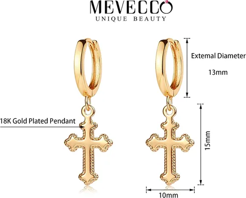 Miniatura 5 de MEVECCO Aretes pequeños de aro de cruz chapados en oro de 14 quilates, delicados, minimalistas, simples, con cruz de fe para mujeres y niñas, regalo
