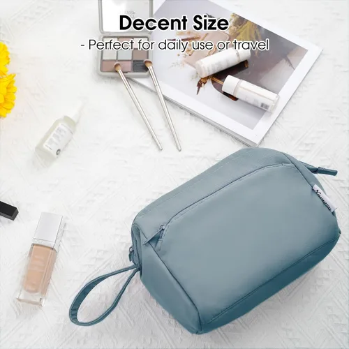Miniatura 7 de Narwey - Bolsa grande de maquillaje con cremallera de apertura completa, organizador de cosméticos de viaje para mujeres y niñas, Azul grisáceo.